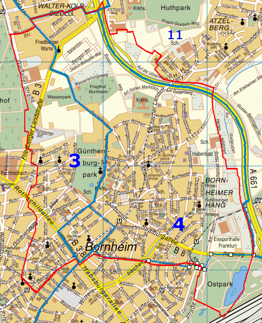 Karte von Bornheim mit historischen und aktuellen Grenzen